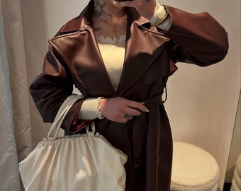 ハンドメイドネイビーブルーシープスキンレザートレンチコート：70年代