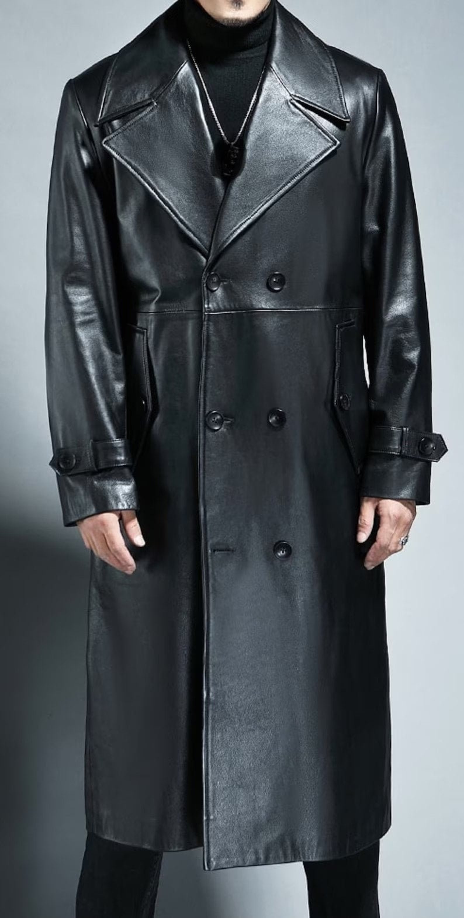 Men Handmade Genuine Cow Leather Trench Coat Winters Long Coat for Men