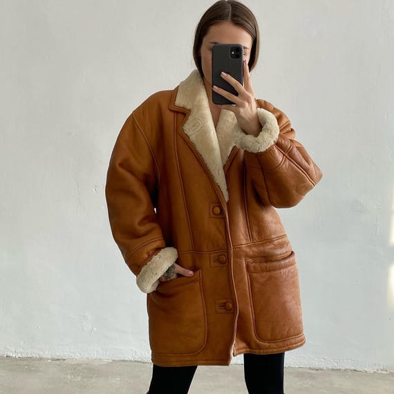ファッション Style Vintage Shearling Brown Oversized Coat, Sheepskin Clothing