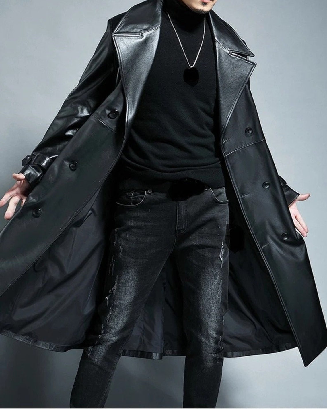 Men Handmade Genuine Cow Leather Trench Coat Winters Long Coat for Men