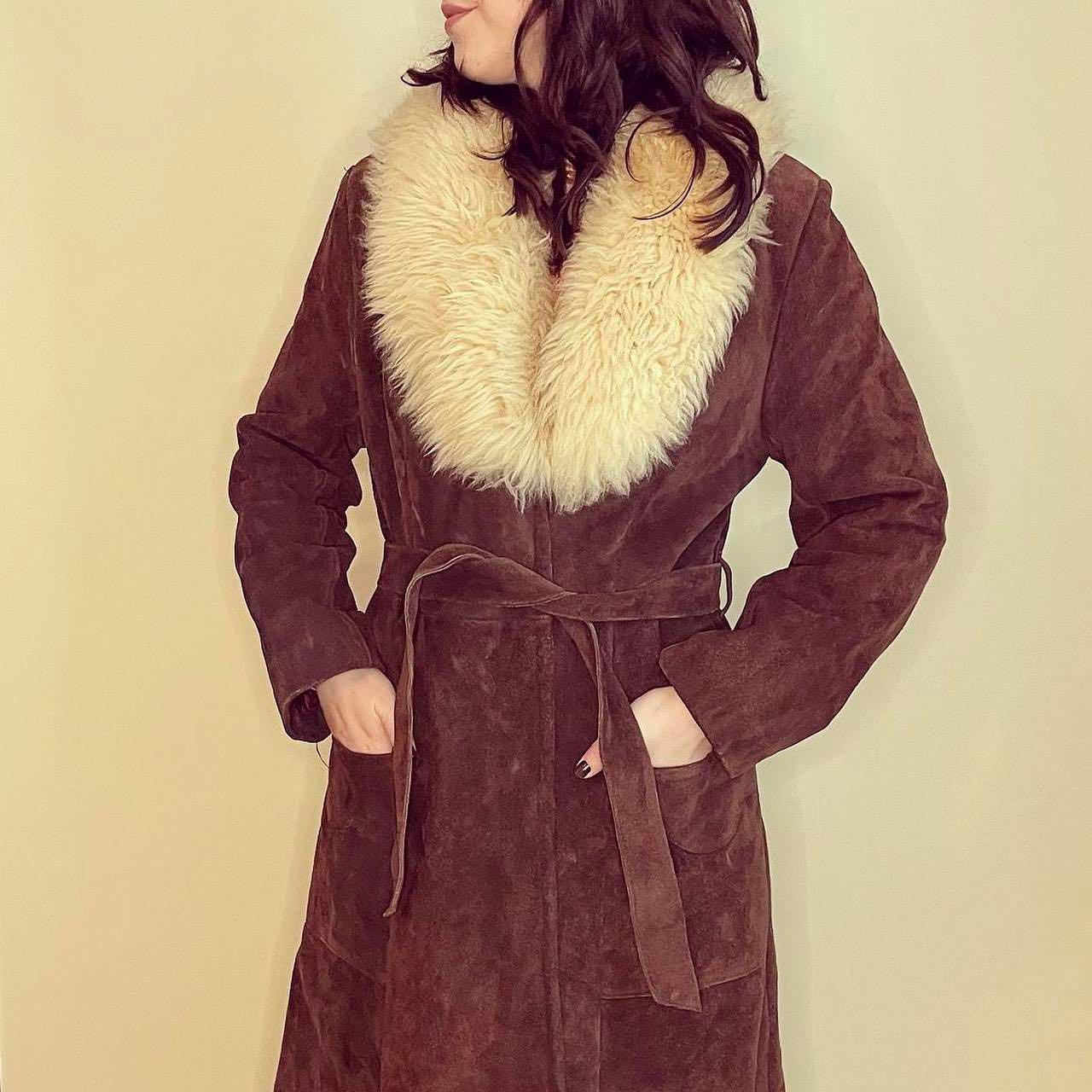 Handmade 80s Vintage Brown Suede Shearling Coat: Afghan Fur Trim