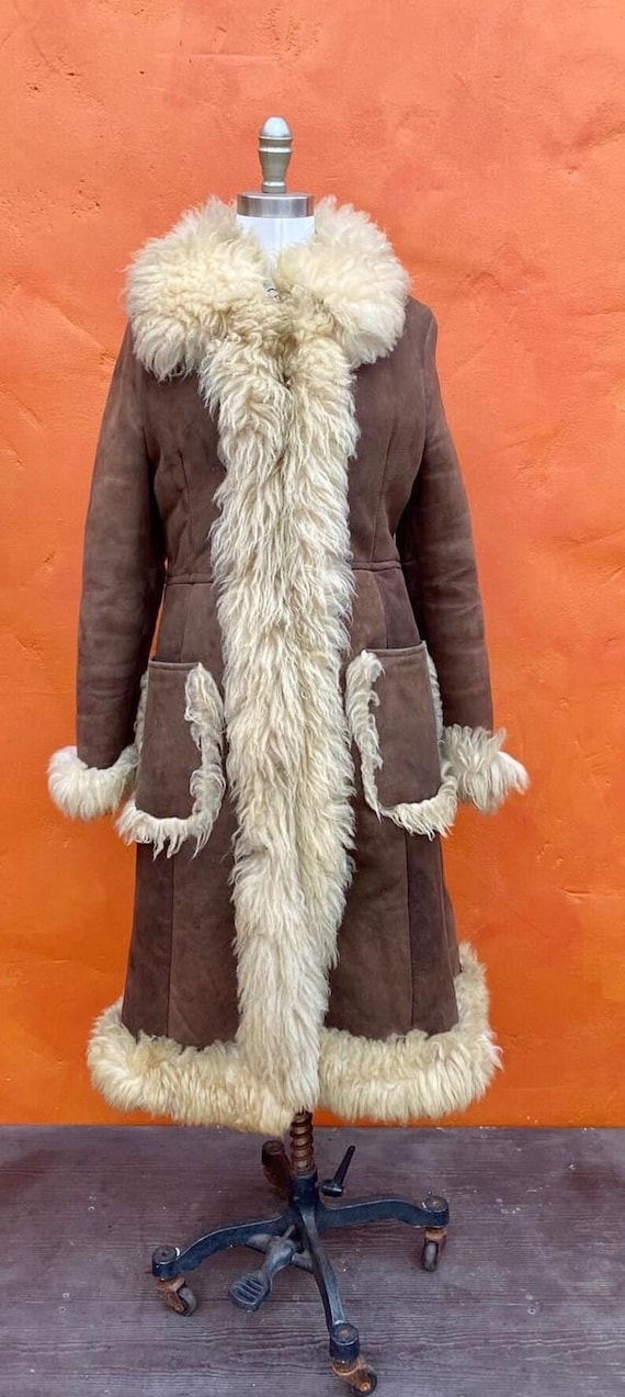 Handmade Afghan Suede Shearling Coat: 80s Boho Trench