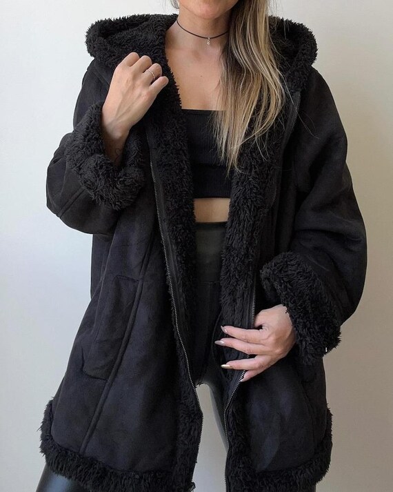 Vintage 80s Suede Leather Shearling Aviator Jacket: Boho Western Hooded Coat - Main Image
