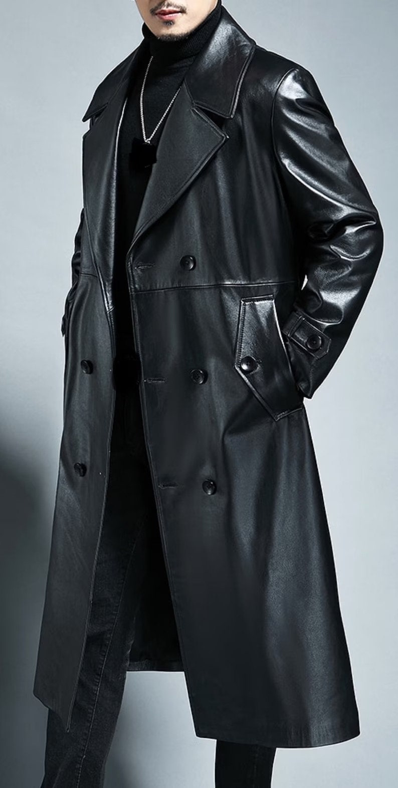Men Handmade Genuine Cow Leather Trench Coat Winters Long Coat for Men