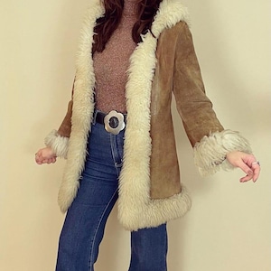 Vintage 90s Penny Lane Coat: Handmade Suede Shearling Afghan Fur Trim