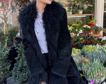 Handmade Afghan Suede Leather Shearling Coat: 90s Boho Penny Lane Style