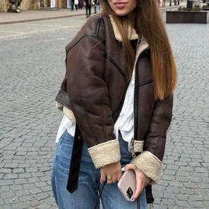 Jaqueta Bomber B3 Feminina em Couro de Ovelha Marrom, Casaco Aviador Vintage Anos 90 Feito à Mão, Jaqueta de Inverno Presente