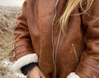 Womens Shearling B3 Aviator Jacket: Distressed Lambskin Leather Bomber