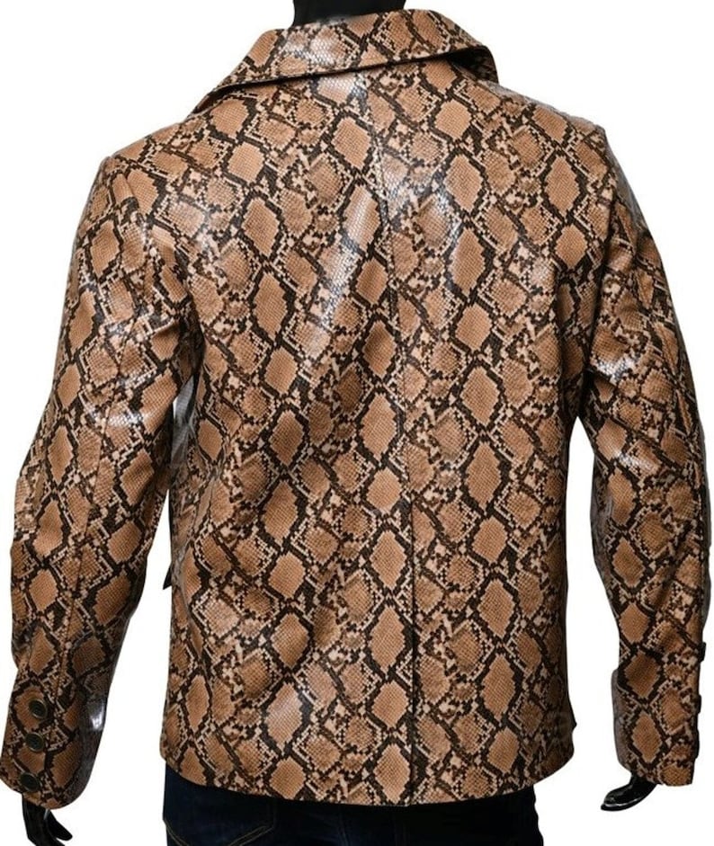 Leather Jacket Mens Snake Skin Print Real Cowskin Leather Jacket, Brown