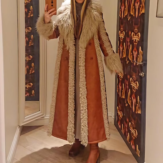 Vintage 70s Afghan Coat: Brown Sheepskin Leather Fur Trim, Boho