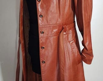 Vintage 70 Brown Leather Trench Coat for Women Long Belted Vintage 70 Brown Leather Trench Coat for Women Long Belted