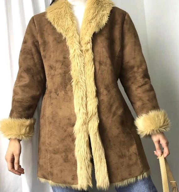 Vintage Brown Suede Penny Lane Coat: Shearling Fur Trim, Bohemian