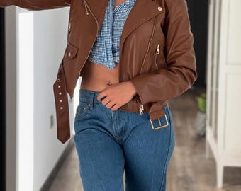 Cropped Sheepskin Leather Biker Jacket: Vintage Brown Motorcycle Jacket
