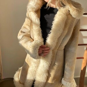 Women’s Brown Penny Lane Afghan Coat, Handmade Long Suede Shearling Fur Trim 70s Boho Toscana Wool Winter Trench Coat Gift for Her