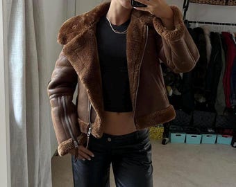 Damen Braun Sheepskin B3 Bomberjacke | Vintage Aviator RAF Pilotenjacke | Klassischer Shearling Leder Fliegerjacke