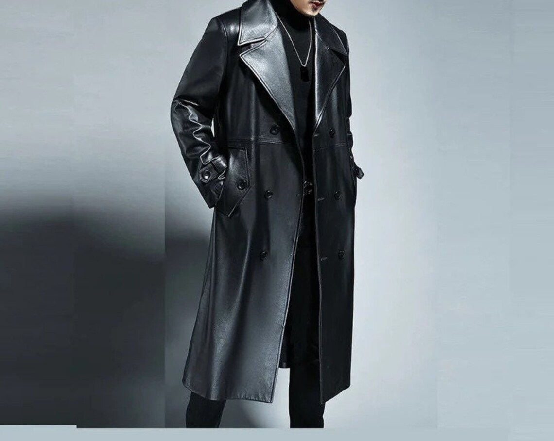 Men Handmade Genuine Cow Leather Trench Coat Winters Long Coat for Men