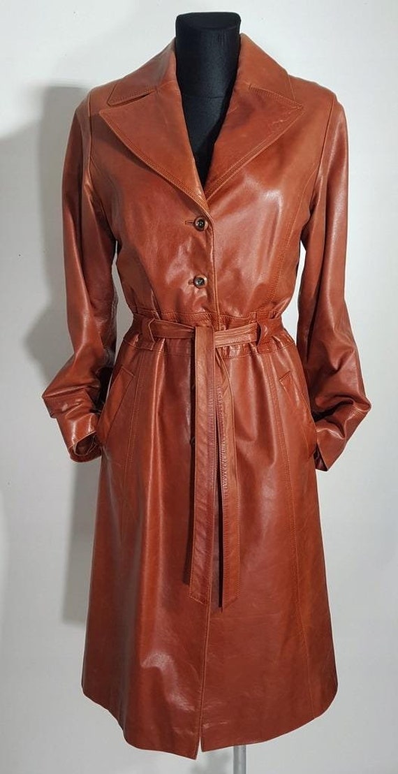 Vintage 70 Brown Leather Trench Coat for Women Long Belted Vintage 70 Brown Leather Trench Coat for Women Long Belted