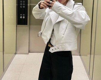 Handmade White Sheepskin Biker Jacket: 80s Slim Fit Cropped