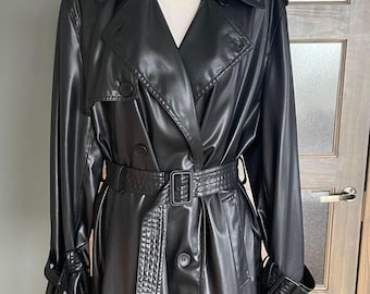 90s Vintage Black Sheepskin Leather Trench Coat: Longline Winter Overcoat
