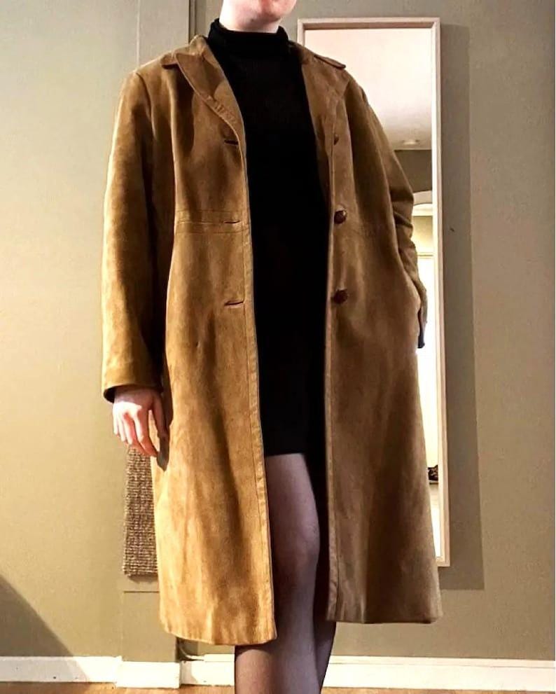 Vintage 70s Brown Suede Leather Trench Coat, Real Leather Women's Winter Long Coat, Soft Suede Jacket, Stylish Button Closure, Gift for Her