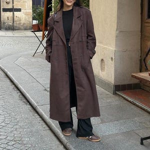 Damen Vintage Brauner Wildleder Trenchcoat, Echtleder Western Stil Mantel, Eleganter Langer Mantel, Perfektes Geschenk
