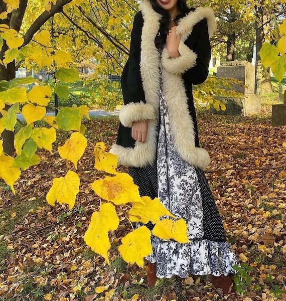 Vintage 90s Black Suede Afghan Coat: Hooded Shearling Trim, Boho Hippie  Style