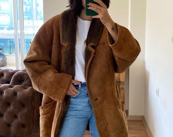 Handmade Vintage Style Suede Shearling Coat: Oversized Brown Sheepskin Jacket