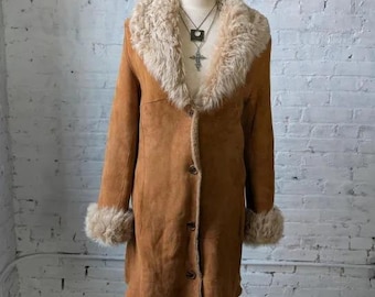 Vintage Brown Suede Afghan Coat | 70s Boho Shearling Fur Collar Coat, Valentine Gift