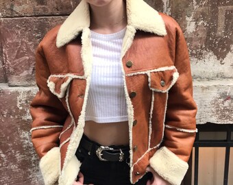 Vintage Sheepskin Shearling Jacket Women – Brown Real Leather