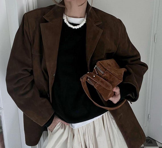 Vintage Brown Suede Leather Blazer: 90s Western Style Coat
