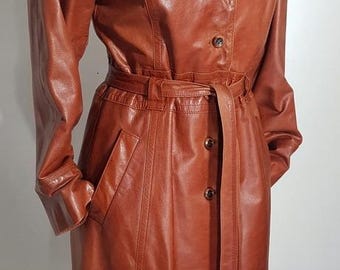 Vintage 70 Brown Leather Trench Coat for Women Long Belted Vintage 70 Brown Leather Trench Coat for Women Long Belted