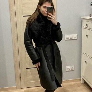 black sheepskin coat, black coat, coat with a wide,  women's warm coat, coat with a hood, Women's coat, Penny Lane Coat, Winter Long Coat, Fur Collar Coat, Sheepskin Fur Coat, Aviator Long Coat, Ladies Leather Coat, Winter Leather Coat