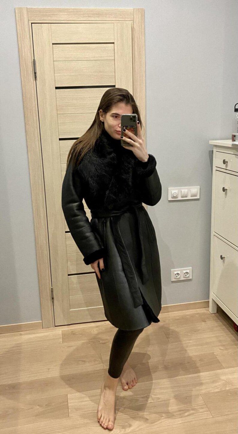 black sheepskin coat, black coat, coat with a wide,  women's warm coat, coat with a hood, Women's coat, Penny Lane Coat, Winter Long Coat, Fur Collar Coat, Sheepskin Fur Coat, Aviator Long Coat, Ladies Leather Coat, Winter Leather Coat