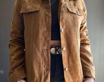 Womens Brown Suede Trucker Jacket: Vintage Western Design