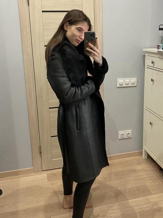 Vintage Black Sheepskin Shearling Coat: Women's 3/4 Length Winter Leather Coat