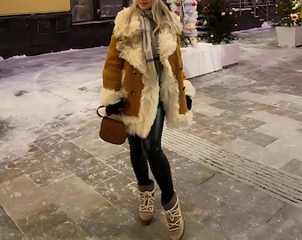 Retro 70s Boho Shearling Coat for Women | Vintage Suede Leather Afghan Jacket | Brown Leather Sheepskin Fur Trench Coat | Ideal Gift for Her