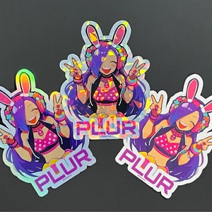 3-pack, PLUR Rave Bunny EDM Music Festival Anime Girl veelkleurige holografische stickers sticker, PLUS extra verrassingen.