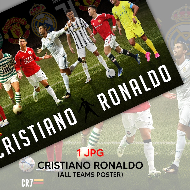 Cristiano all teams poster jpg, Ronaldo all teams digital product, CR7 wall decoration printable poster png image 1