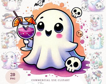 Watercolor Ghost Clipart Halloween Cocktail PNG Ghost Drink Clipart Spooky Ghost Graphics Cute Halloween Party Clipart Spooky Drink Png POD