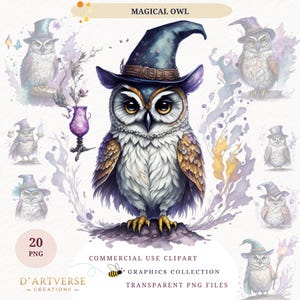 Pode incluir: Um conjunto de 20 imagens de clipart digitais que apresentam uma coruja mágica usando um chapéu de bruxa. A coruja está segurando uma taça e uma varinha mágica. As imagens estão em formato PNG e são transparentes.