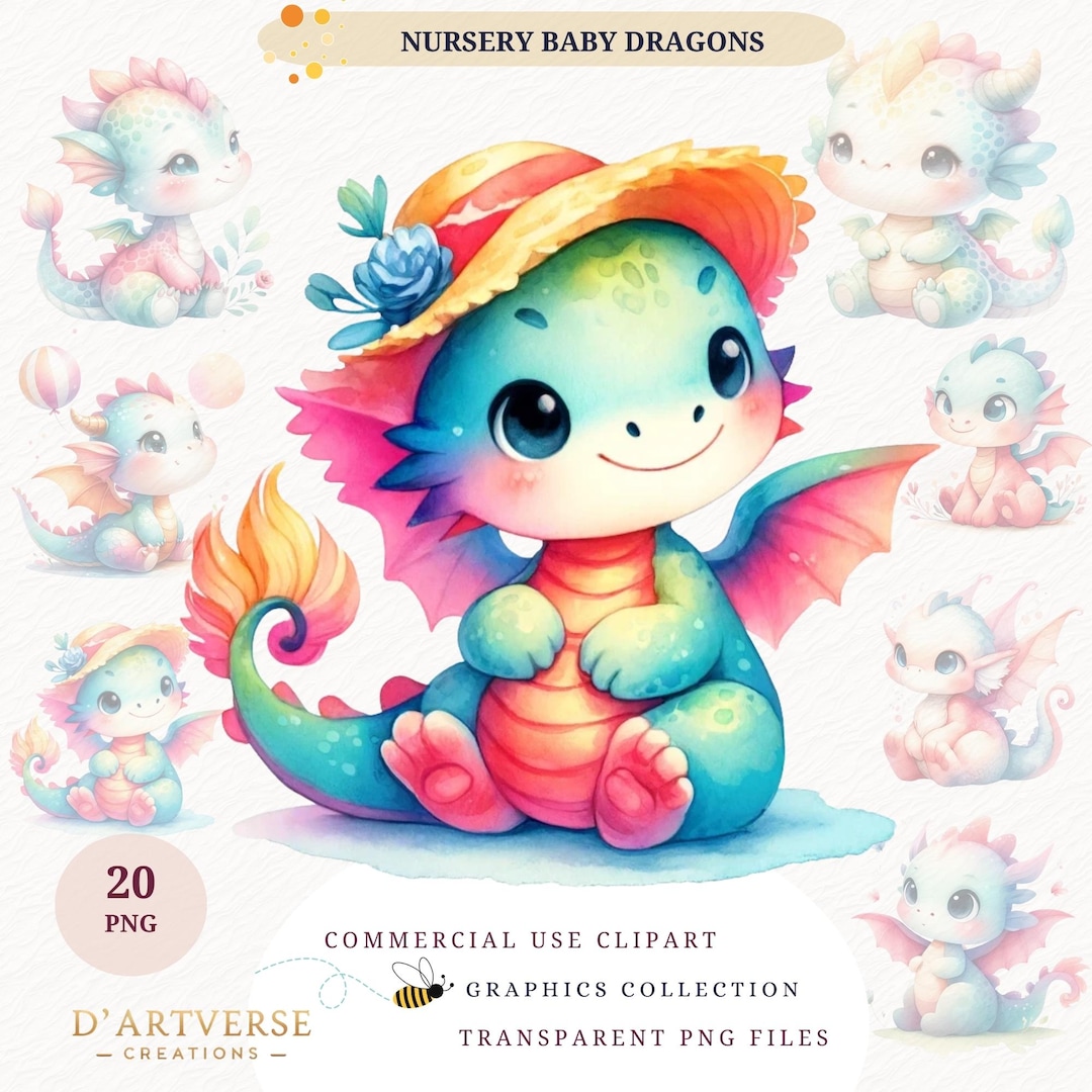 Baby Dragon Clipart Bundle Cute Fantasy Creatures Printable Watercolor ...