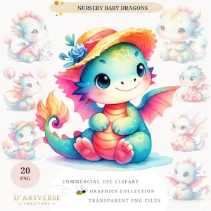 Baby draak clipartbundel schattige fantasiewezens afdrukbare aquarel PNG digitale download decor kinderkamer kunst papier ambachtelijke shirt Design kinderen