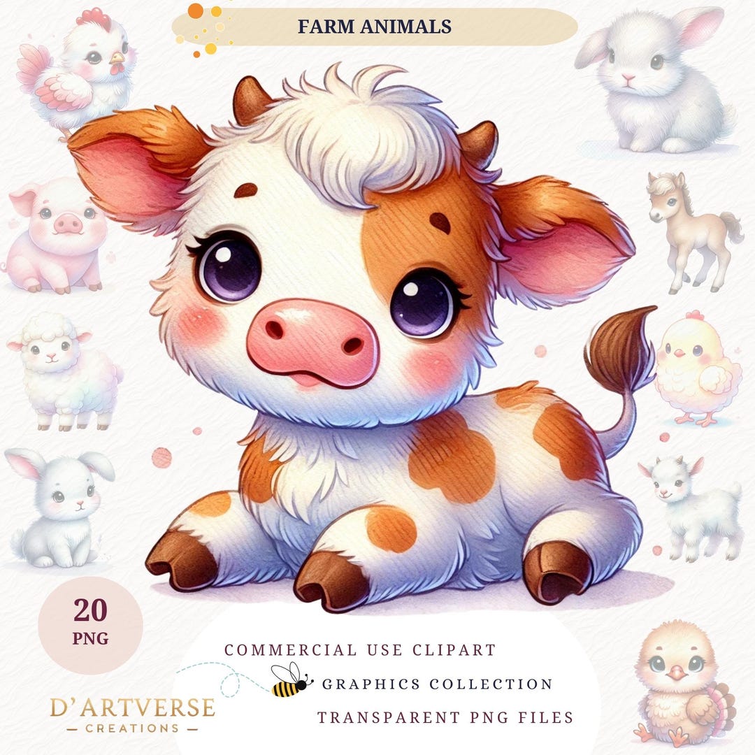 Farm Animals Watercolor Clipart Bundle Cute Baby Cow Lamb Chick PNG ...