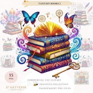 Fantasy Book Clipart Bundle Watercolor Magic Graphics Vintage Keys Mystical Library PNG Printable Digital Download Paper Craft Mug Design