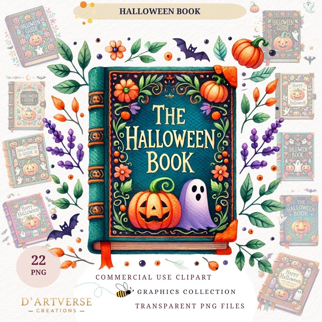 Watercolor Halloween Book Clipart Bundle Cute Spooky Ghost Pumpkin PNG ...