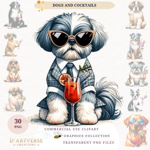 Aquarell Hund Clipart Bundle Sommer Cocktails PNG niedlichen Haustier Illustrationen digitaler Download druckbare Papierkunst Hund Liebhaber Shirt Design Becher