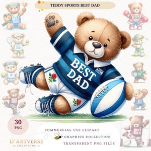 Vatertag Teddy Bär Sport Clipart Bundle Aquarell Cute Dad PNG Digital Download Printable Shirt Design Mug Grafiken Papier Handwerk Karte
