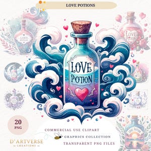 Lot de cliparts philtre d'amour pour la Saint-Valentin bouteille de sorts magiques PNG faire des cartes romantiques en téléchargement numérique Mug imprimable Design chemise graphiques