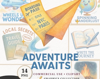 World Travel Clipart Bundle Watercolor Adventure Camping Wanderlust PNG Airplane Digital Download Printable Tshirt Design Mug Card Making