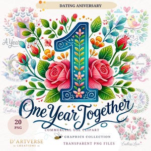 Romantic First Anniversary Clipart Watercolor Love Birds Floral Wedding PNG Digital Download Printable Couple Gift Mug Prints Shirt Design